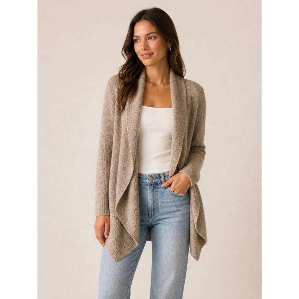 Barefoot Dreams CozyChic Lite Cardigan L Taupe Open Front Drape Lounge Soft